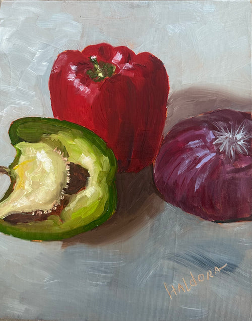 " Peppers & Red Onion". Still Life. -  Oil