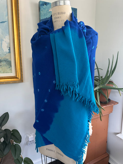Wool Shawl - Travel Blanket. - Small Throw - Blue